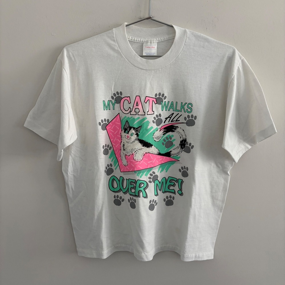 Vintage Center Star My Cat Walks All Over Me Graphic T-Shirt Large USA Made